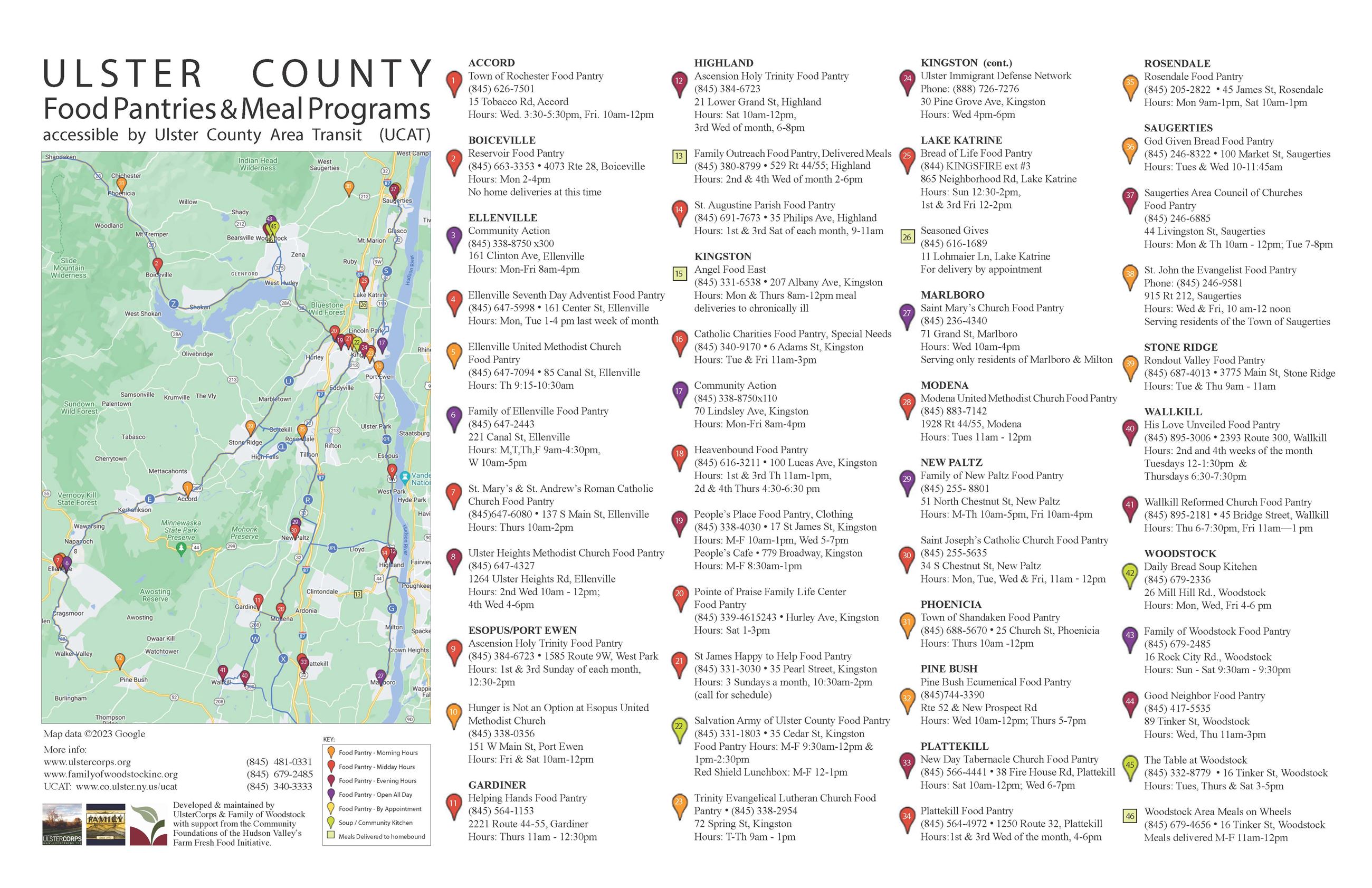 Map and accompanying directory of Ulster County food pantries and soup kitchen locations accessible 
