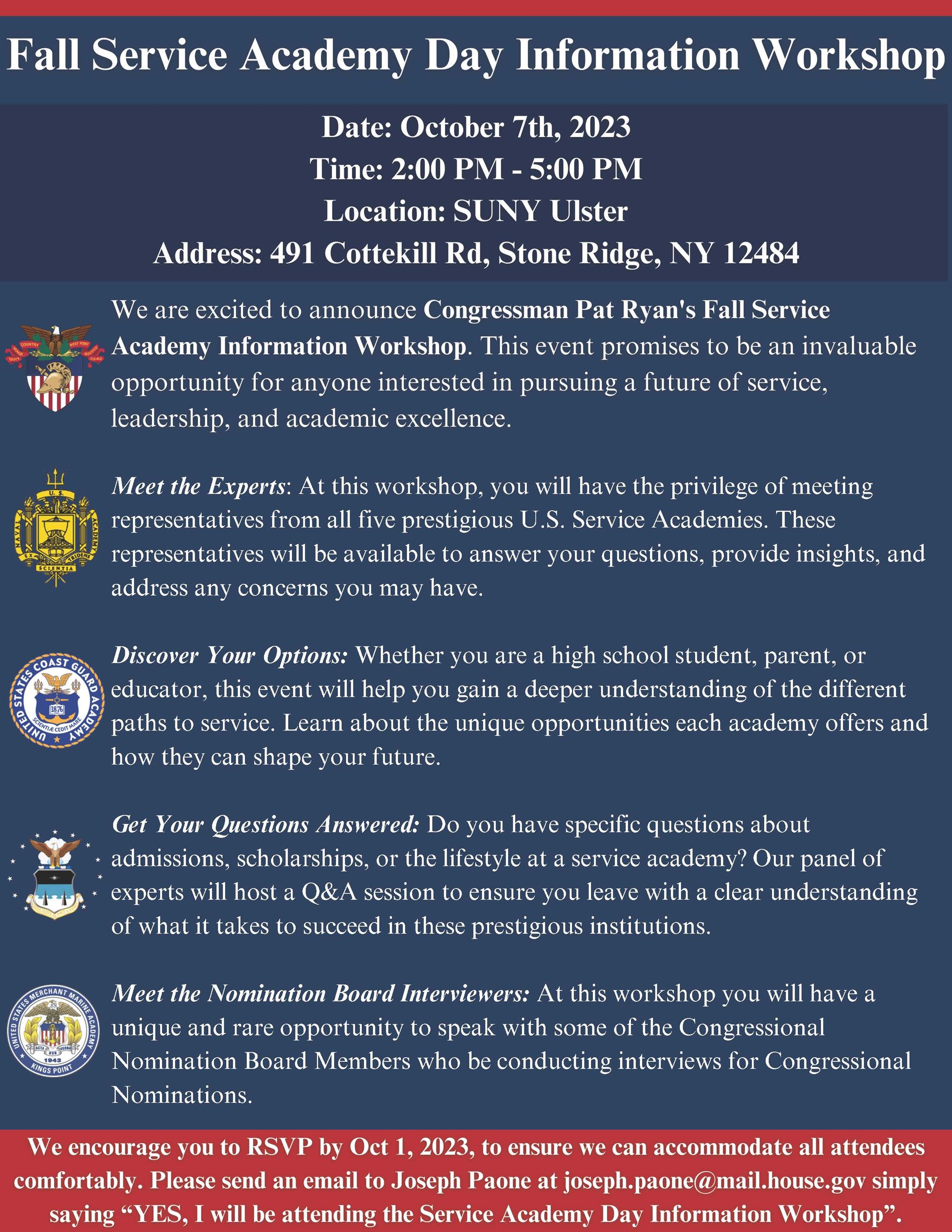 Congressman Pat Ryan's Fall Service Academy Day Flyer for Informational Event 
