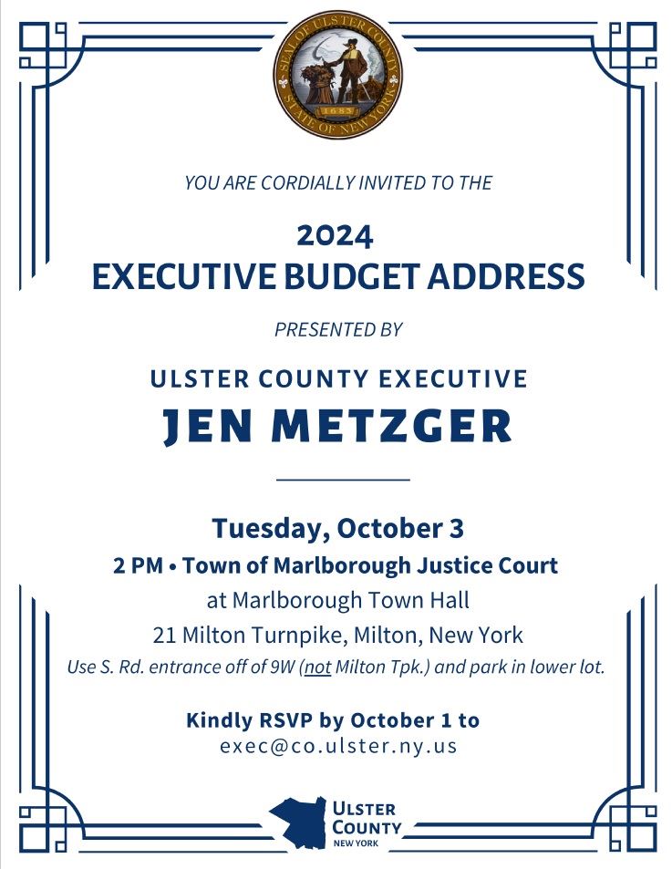 Flyer describing date and time for Ulster County 2024 Budget Address