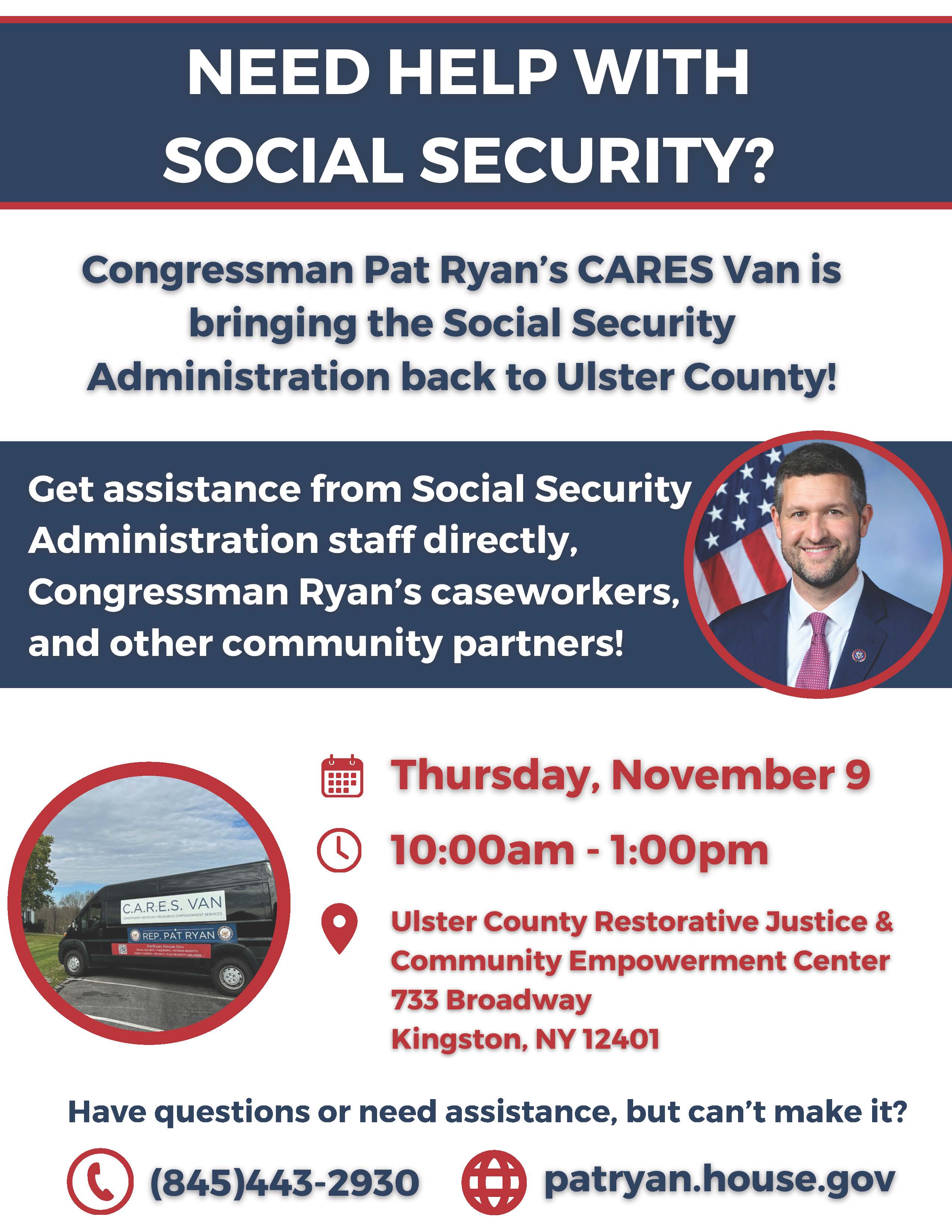 A FLYER ABOUT PAT RYAN CARES VAN BRINGING SOCIAL SECURITY BACK TO ULSTER COUNTY